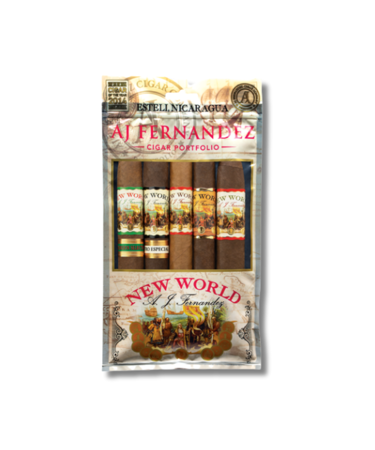 AJ-Fernandez-New-World-Sampler-Humidified-Bag-Pack-of-5-.png AJ Fernandez New World Sampler Humidified Bag (Pack of 5) - Image 1